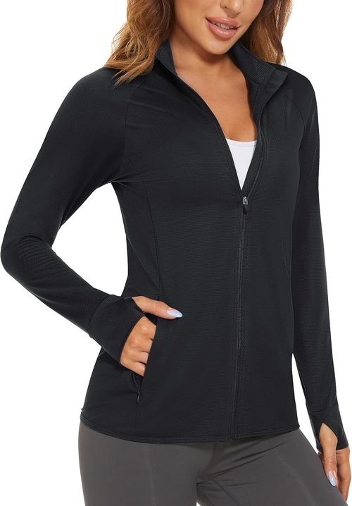 MAGCOMSEN Women's Lightweight Athletic Jacket - UPF 50+ Sun Protection | Full Zip, Long Sleeve, Hiking Pockets