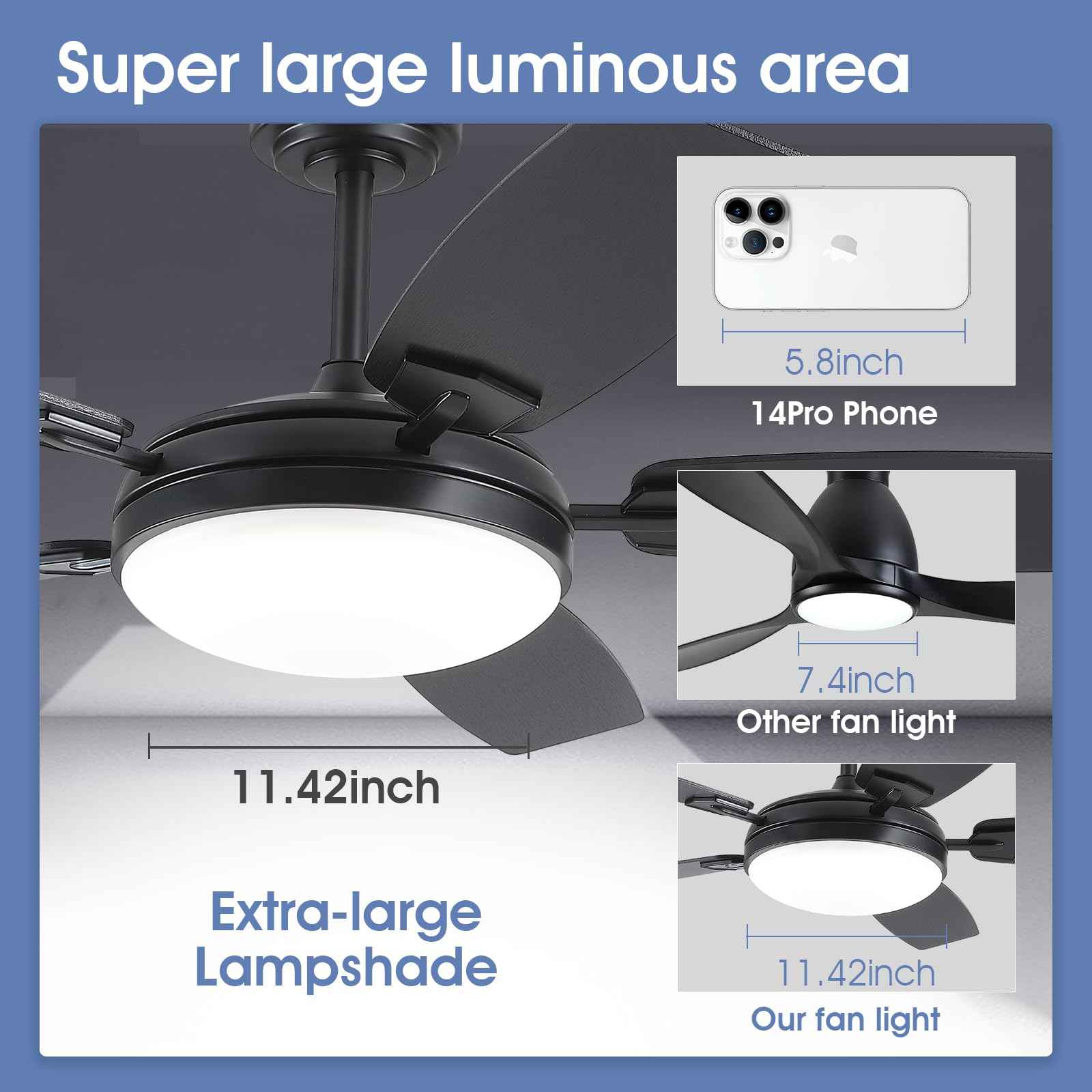 MADSHNE 52 Inch Black Outdoor Ceiling Fan with Light and Remote, Modern LED Ceiling Fan for Bedroom & Kitchen with Dimmable 3 Color,Reversible 6 Speeds