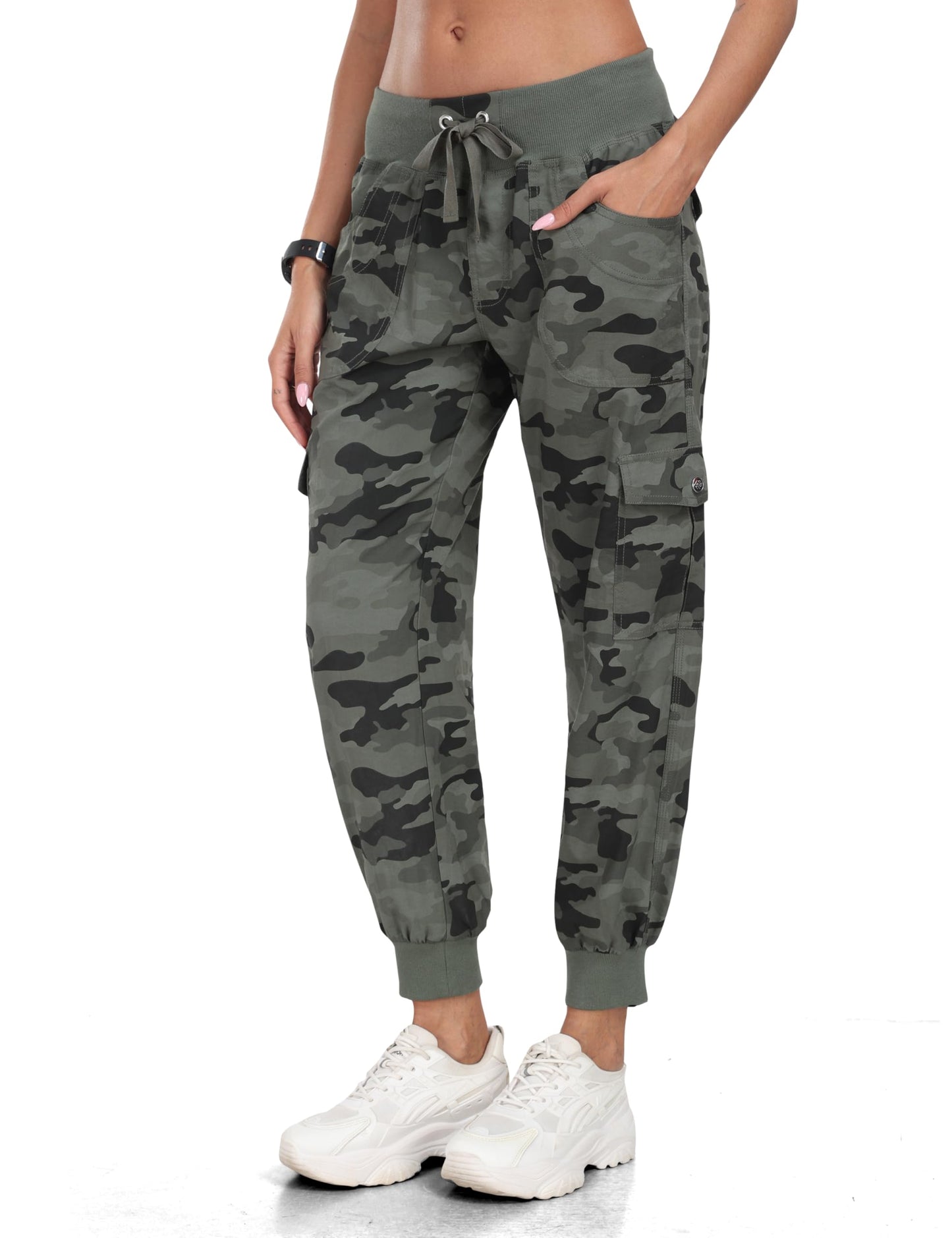 MoFiz Women Cargo Pants with Pockets Lightweight Outdoor Summer Travel Casual Hiking Pants Running Joggers Sweatpants Elastic Waist Camouflage Green 3XL