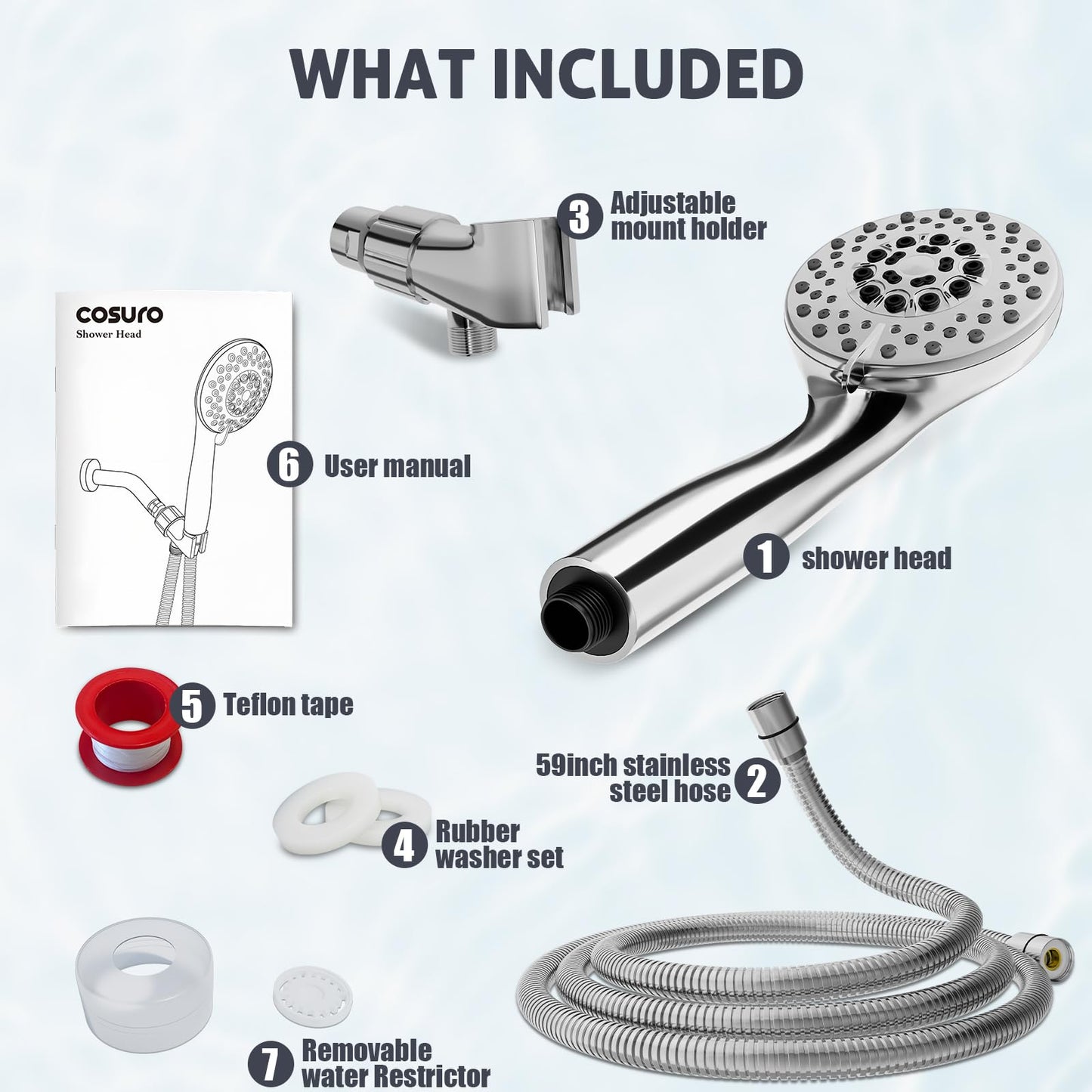 Cosuro High Pressure Shower Head with Powerful Shower Spray & 59'' Stainless Steel Hose, 5 Spray Modes, Adjustable Bracket and Non-Clogging Nozzles