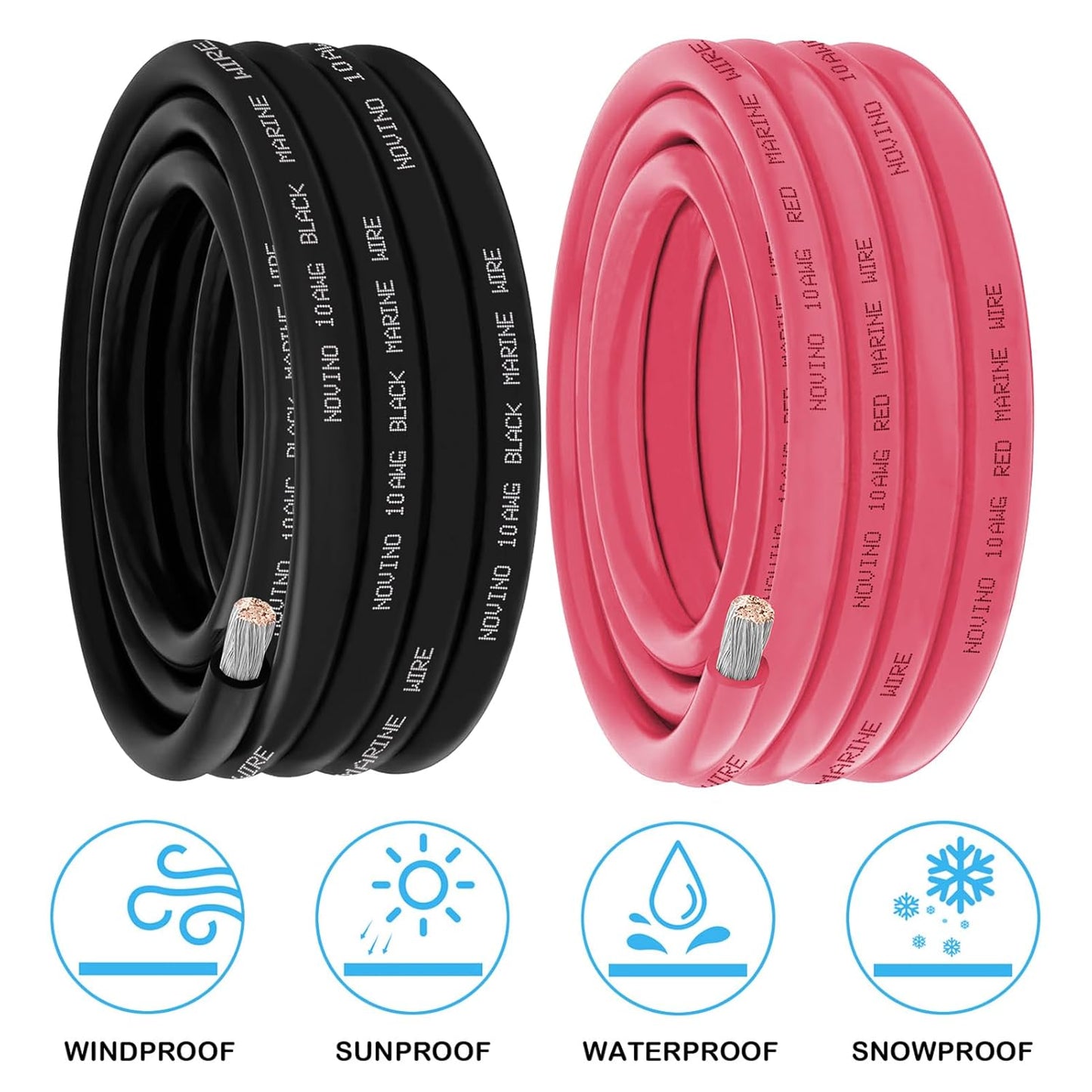 Skiennix 10 AWG Marine Grade Wire - 10FT Red & 10FT Black Tinned Copper Cable for Boats, Trailers & More