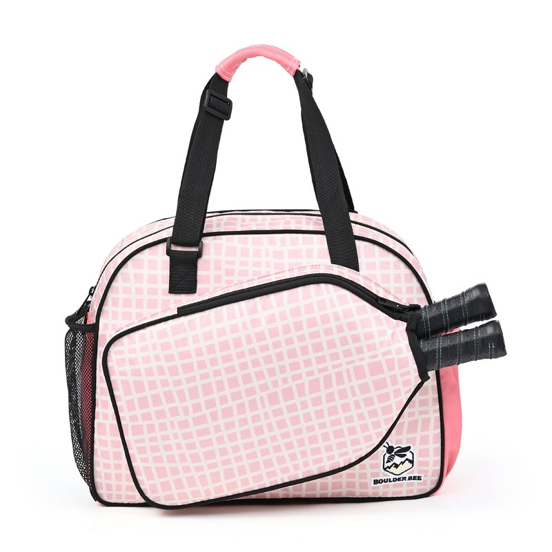 Boulder Bee Pickleball Bags, PickleBall Tote Bag for Women, Women’s Hand/Shoulder Gym Bag w Water Bottle Holder, With Pickleball Racquet/Paddle Holder (Pink Plaid)