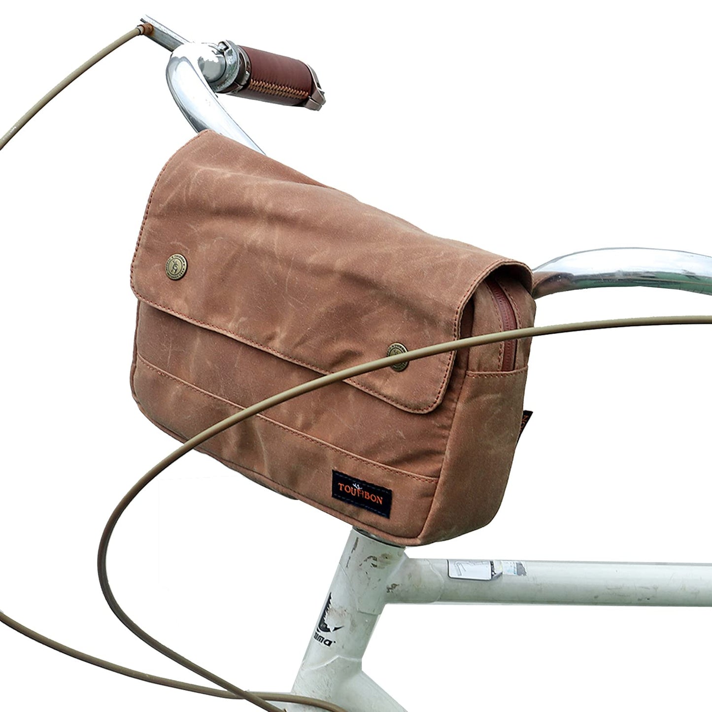 TOURBON Bike Bag Waxed Canvas Bicycle Handlebar Bag Zipper Closure Pouch Crossbar Front Frame Basket Cycling Saddebag Under Seat Strap-on Rear Rack Pannier (Khaki)