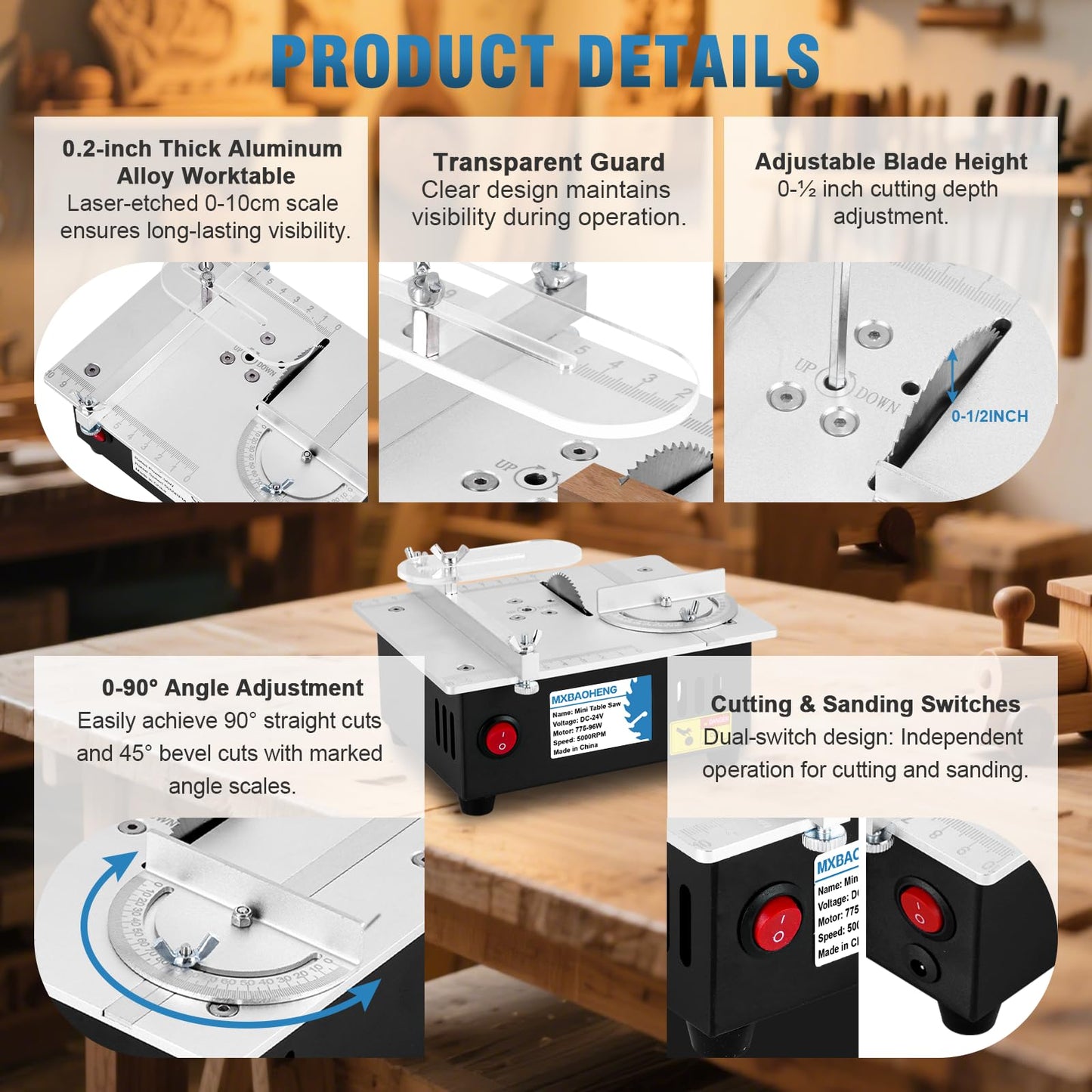 MXBAOHENG Updated Mini Multifunctional Table Saw with Cutting & Sanding Switch, Small Portable Hobby Table Saw for DIY Crafts, Model Making, Wood/Plastic/Acrylic Cutting, 96W 7-Speed Control