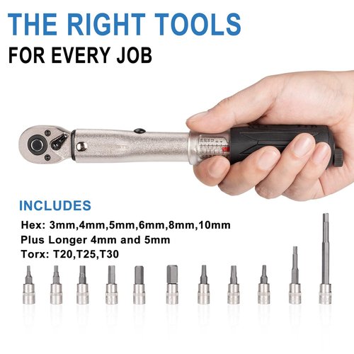 cyclists 1/4 Inch Drive Click Torque Wrench Set –2 to 24Nm – Bicycle Maintenance Kit for Road & Mountain Bikes - Includes Allen & Torx Sockets, 4mm 5mm Extension Bar
