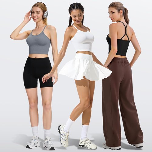 VEQKING 3 Pack Sports Bras Women High Neck Seamless Ribbed Longline Light Impact Yoga Tank Top with Built-in Bra Spaghetti Strap Racerback Breathable Removable Padded Workout Top