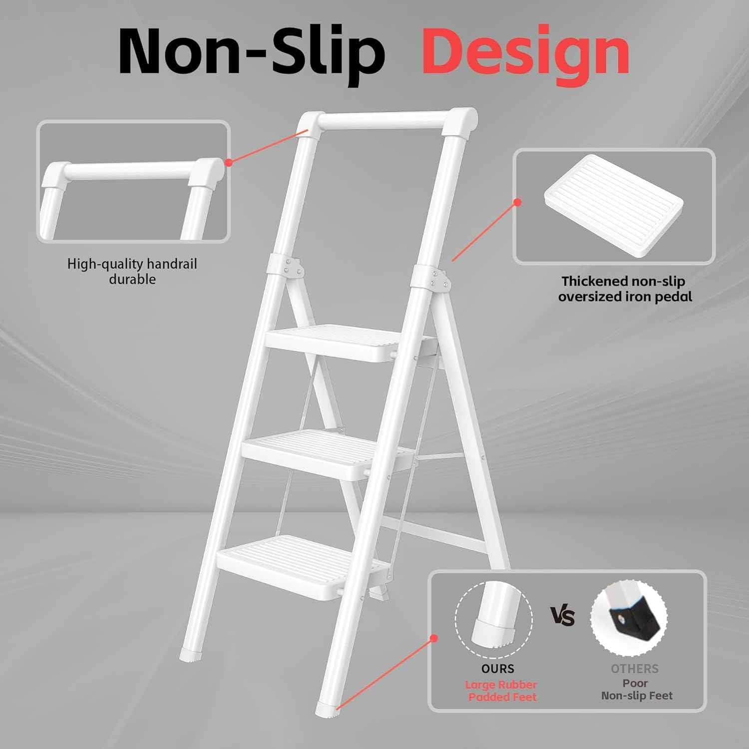 DIAMONDFORGE 4-Step Folding Ladder - Sturdy Steel Construction, Anti-Slip Pedals & Feet, Handgrip - Home Use, White & Red