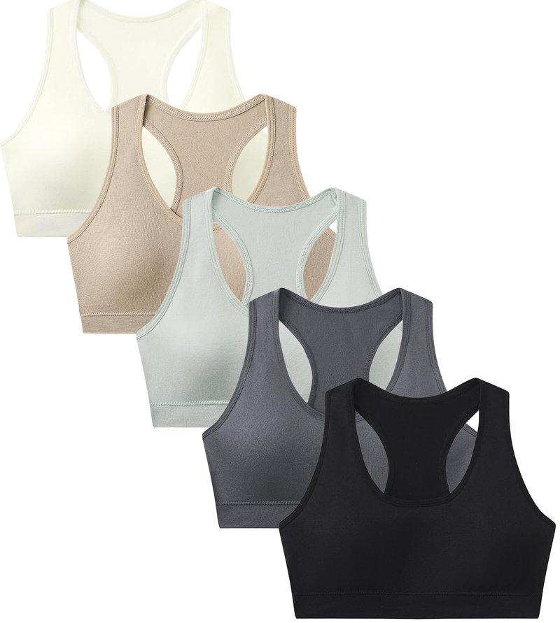 Suekaphin Girls Training Bra Supportive Seamless Sports Bras for Teens Girls Removable Pads with Racerback Pack of 5,Sort-B,XLarge