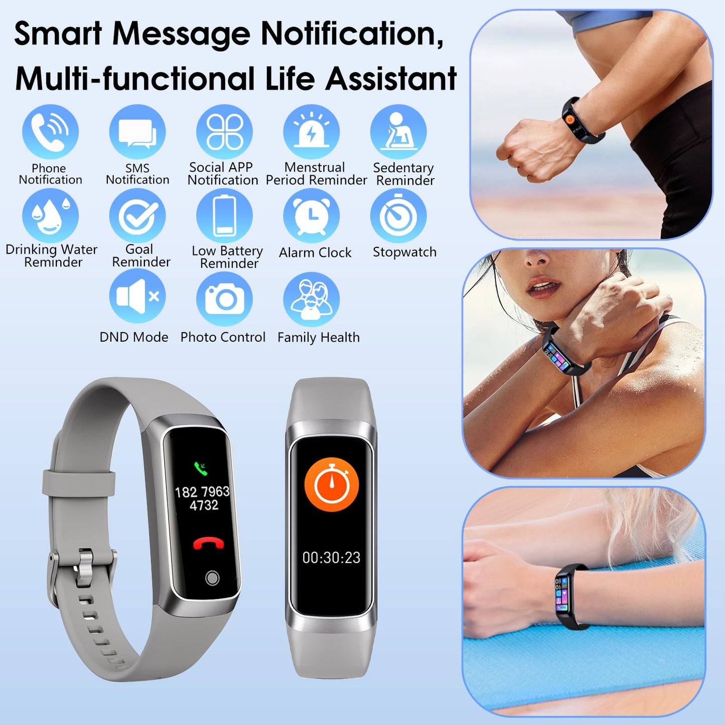 Fitness Tracker, 24/7 Heart Rate Blood Oxygen Blood Pressure Body Temp Monitor Sleep Calorie Tracker with 1.1" AMOLED Touch Color Screen Pedometer Smart Watch Waterproof for Women Men (Silver Gray)