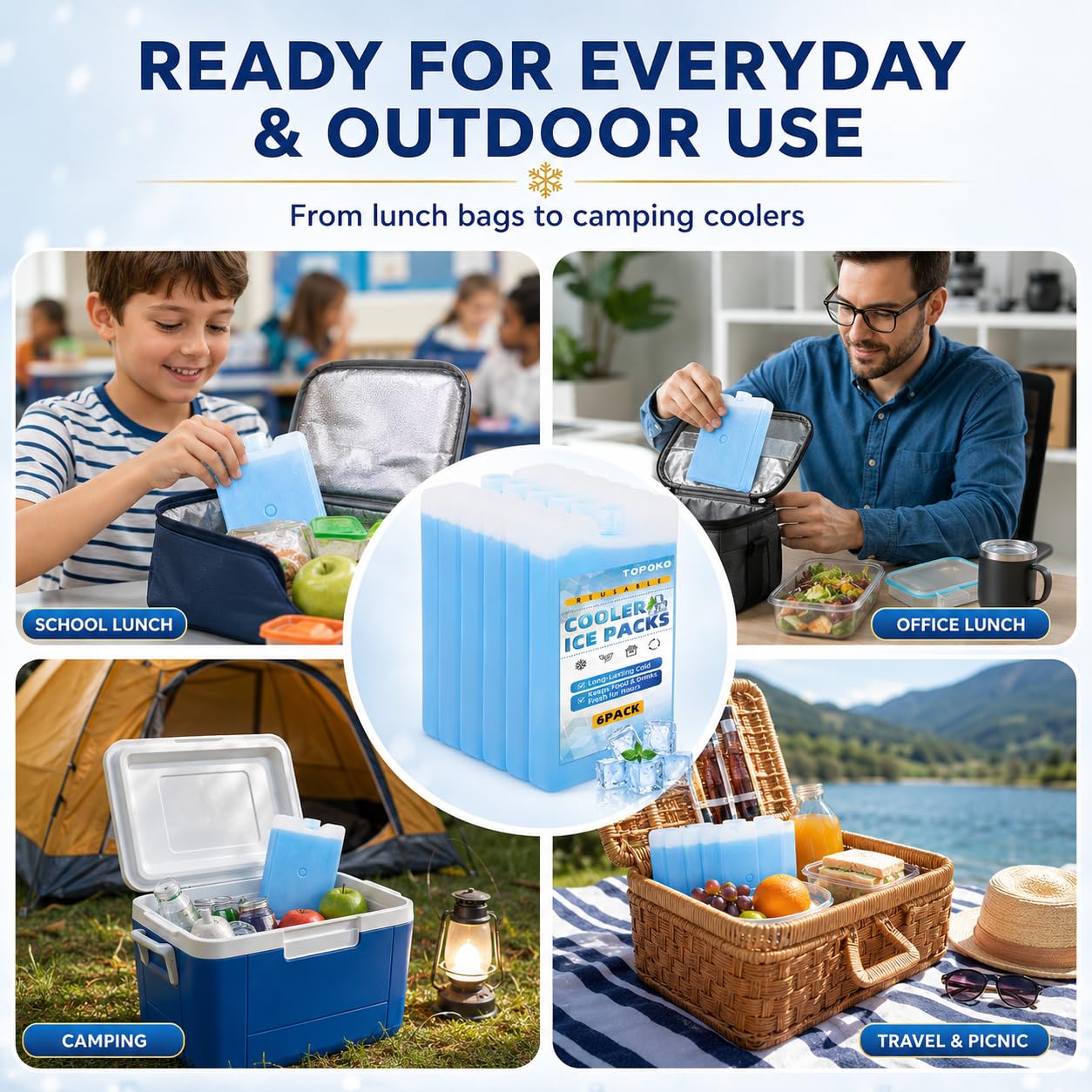 TOPOKO Ice Packs for Lunch Bags, Coolers & Freezers – 6 Pack Reusable Ice Packs, Slim, Leak-Proof, Long-Lasting Cold, Quick Freeze for Picnic, Camping, Beach, Hiking & Outdoor Sports