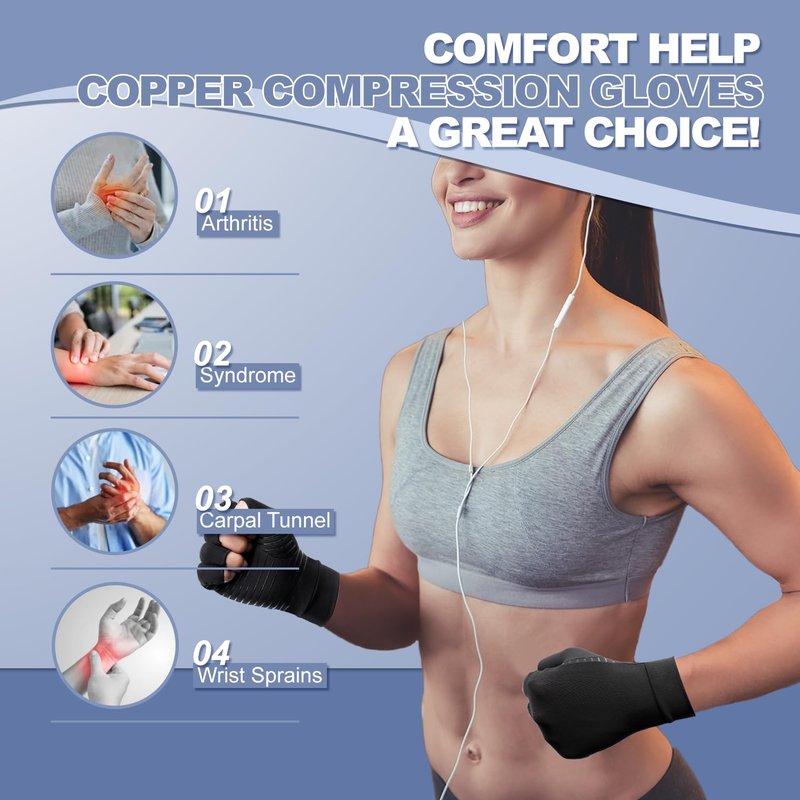 DRNAIETY 2 Pairs Copper Arthritis Compression Gloves for Women and Men, for Arthritis Hand Pain, Anti-Slip, Fingerless, Comfortable for Work, Kept in Motion (Medium)
