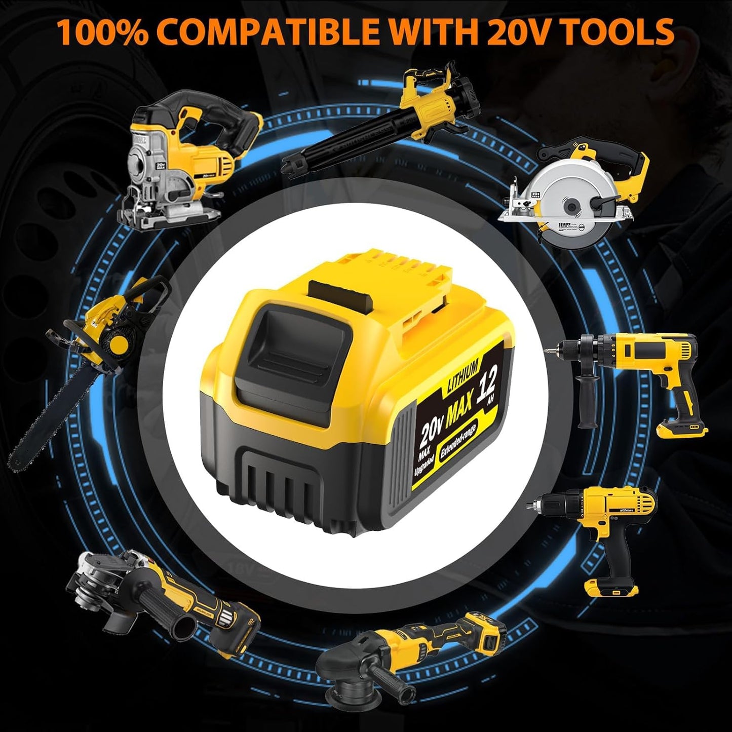 2 Packs 12000 mAh 20V MAX Lithium-Ion Battery, Replacement for Dewalt 20V Max Battery Compatible with DCB200 DCB206 DCB207 DCB205 DCB204 Series Power Tools