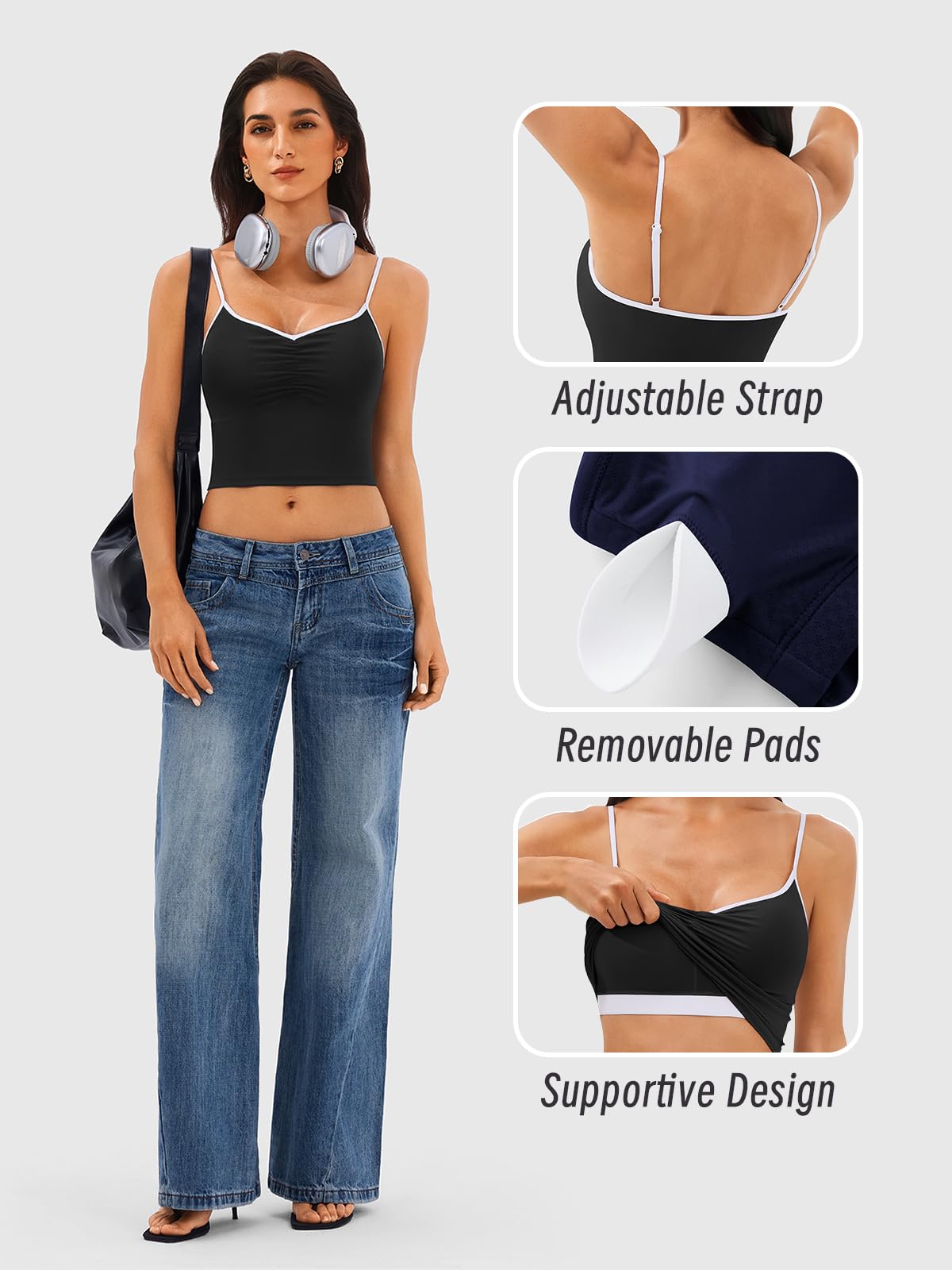 Longline Padded Sports Bra Workout Top for Women, Adjustable Straps Backless Crop Top Push Up Yoga Running Tank Top