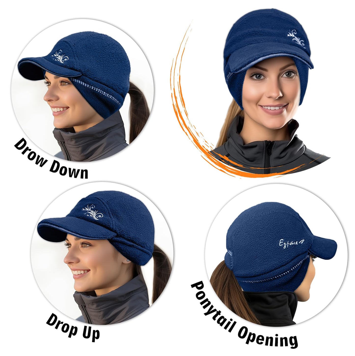 EZPACE Fleece Ponytail Hat for Women with 3M Thinsulate Ear Warmer Running Gear Winter Cold Weather Navy