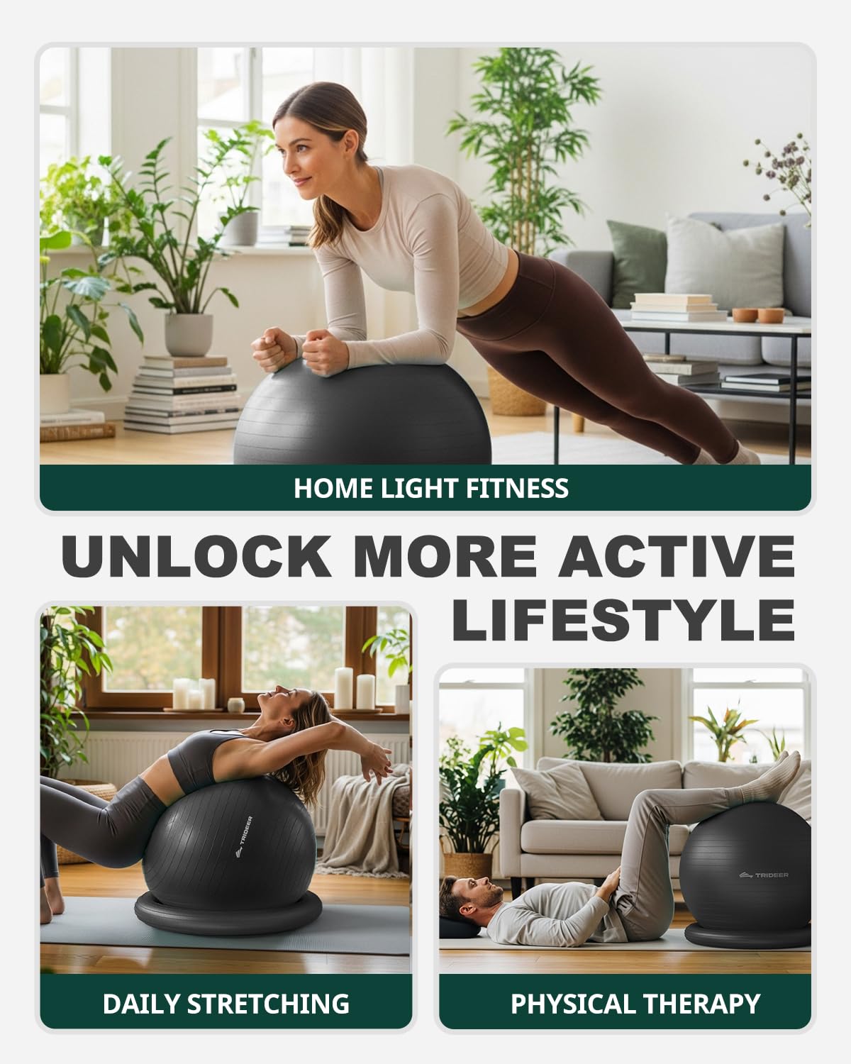 Trideer Yoga Ball Chair with Base for Office Desk, Exercise & Stability Ball Seat, Pilates Ball for Core Training, Pregnancy Ball, Back Pain Relief & Active Sitting