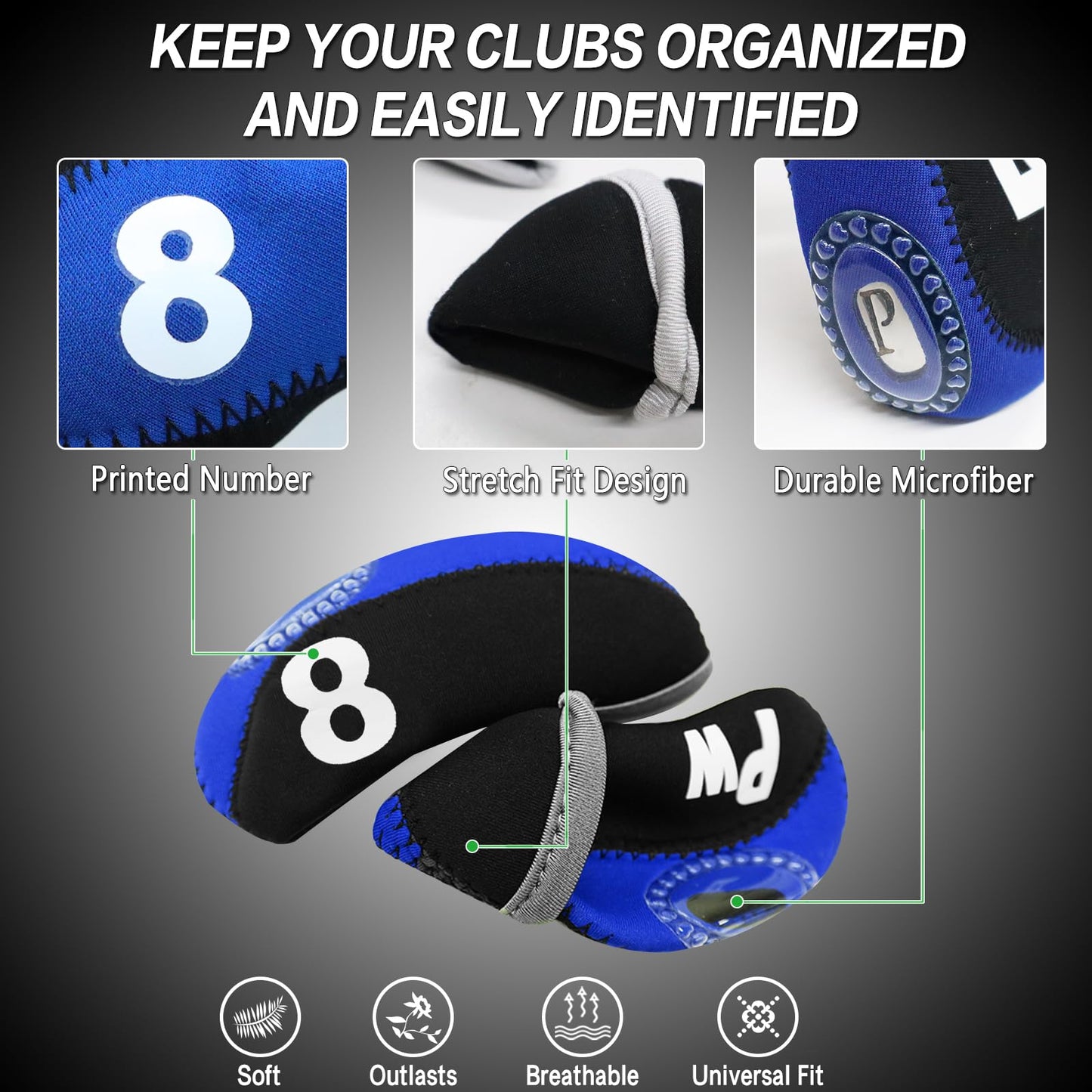 Golf Club Covers Set for Irons Neoprene Iron Head Cover Club Protector 10Pcs with/Without Top Window Accessories for Men Women (Blue(with Top Window))