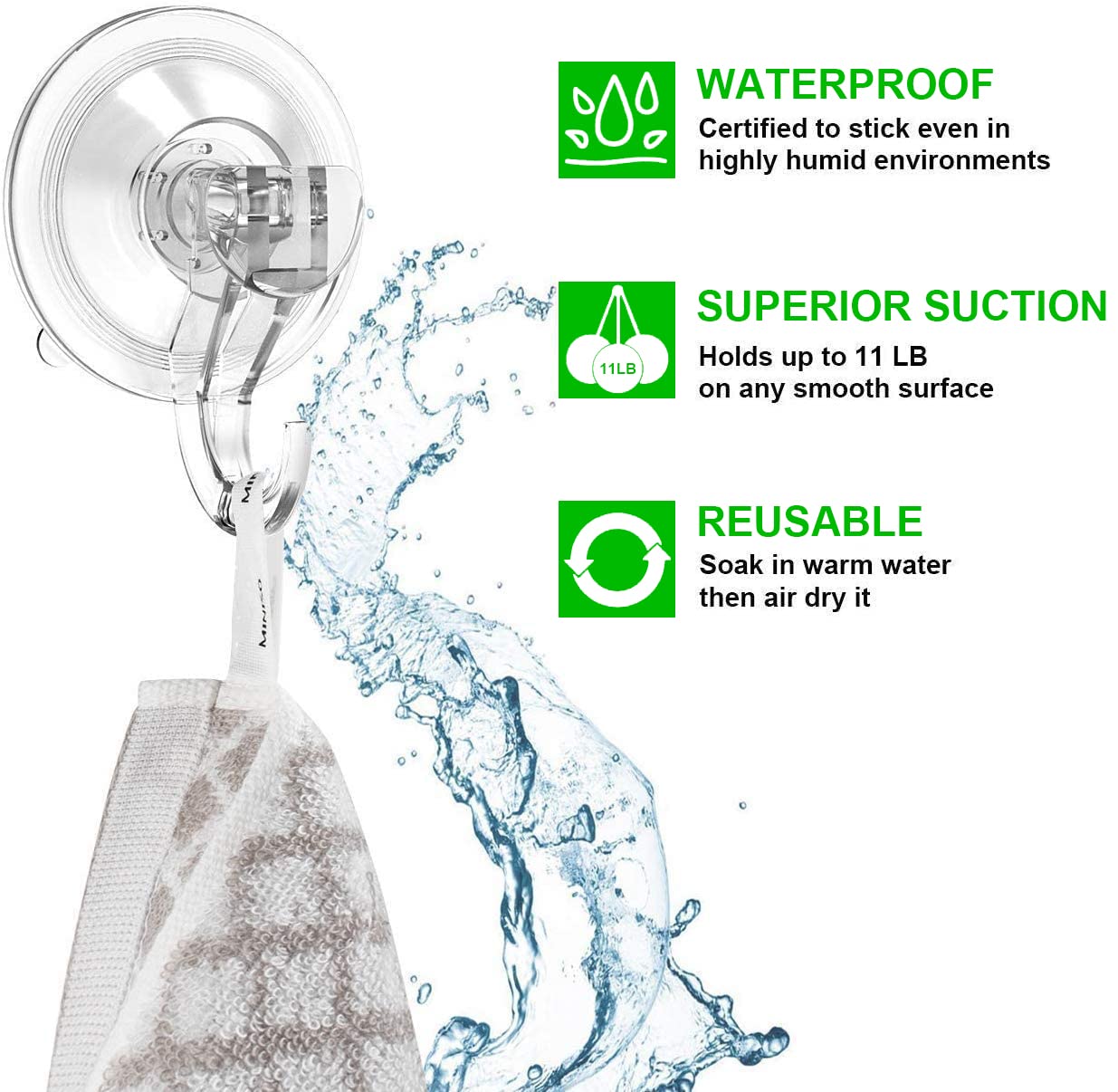 LUXEAR Suction Cup Hooks - 4 Pack Suction Hooks Reusable Powerful Waterproof - Clear Removable Suction Hanger for Christmas Wreath, Shower,Tile,Bathroom,Towel,Kitchen