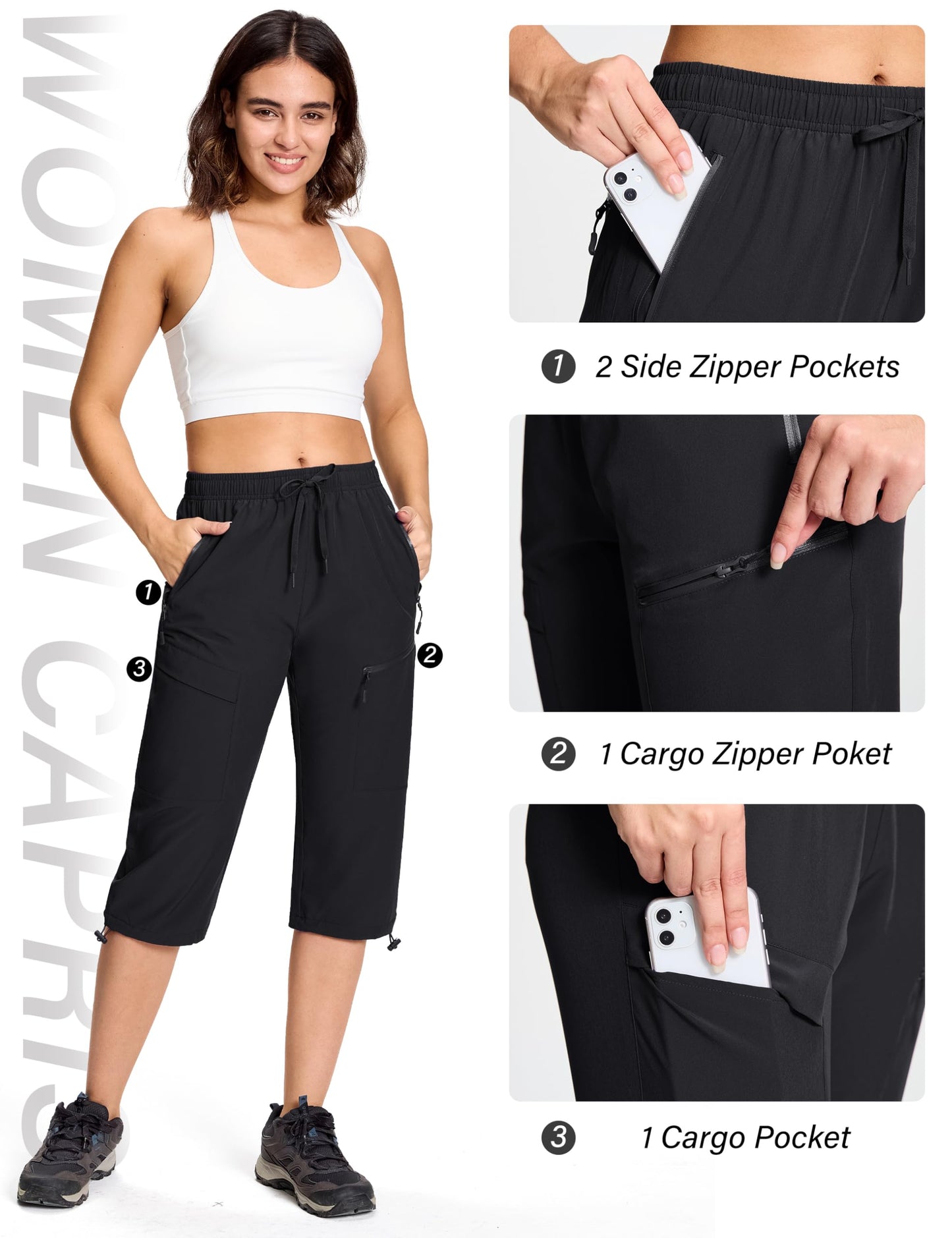 MAGCOMSEN Women's Capri Pants with 5 Pockets Hiking Lightweight Quick Dry Cargo UPF 50+ Summer Travel Golf Workout Casual Black L