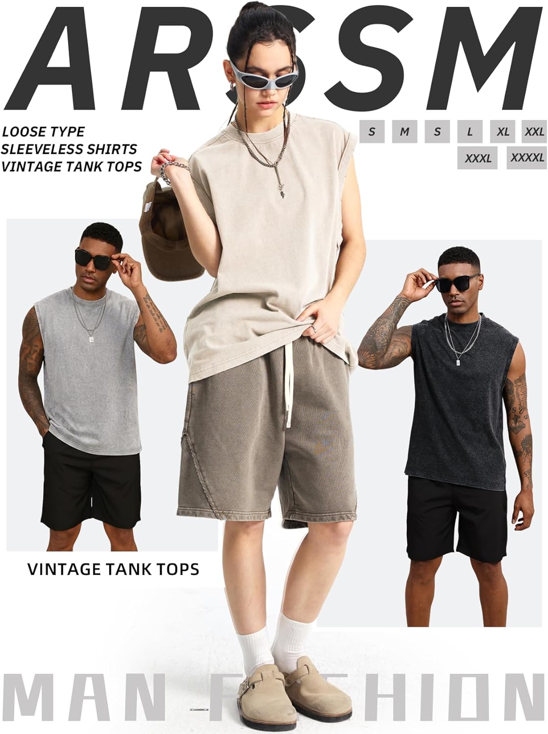 Arssm Sleeveless Tank Tops for Men - Cotton Acid Wash Muscle Workout Tees | Comfortable Fit
