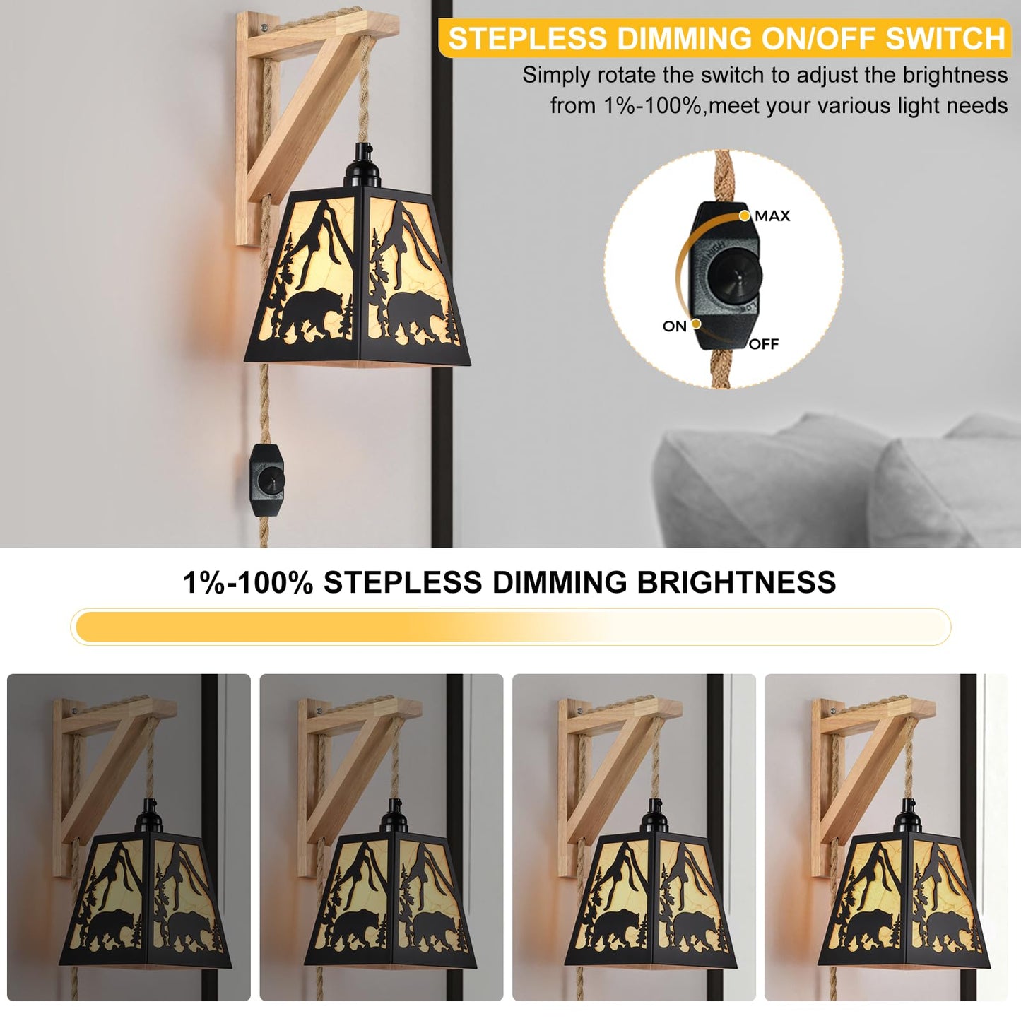 Sunnyin Wall Sconces Set of Two Plug in,Rustic Bear Dimmable Wall Sconce with Wood Shelf Bracket,Farmhouse Parchment Shade Sconces Wall Lighting,Antique Black Wall Lamps for Bedroom,Living Room,Indoor