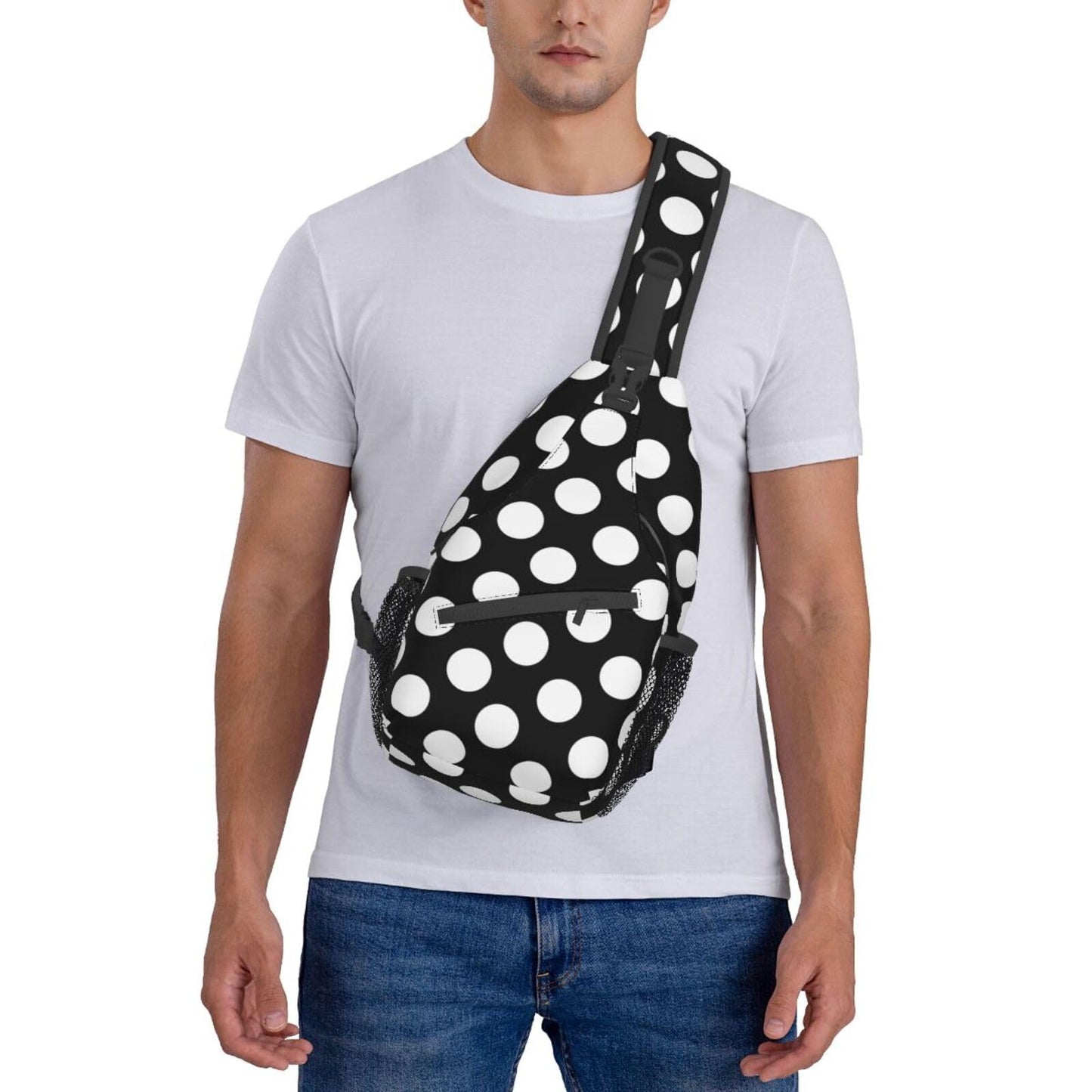 QISENTIS Polka Dot Sling Bag for Women Men White Dots on Black Background Modern Pattern Travel Crossbody Bags Abstract Dots Pattern Casual Sling Backpack Chest Shoulder Bag Gym Sports Hiking Daypack