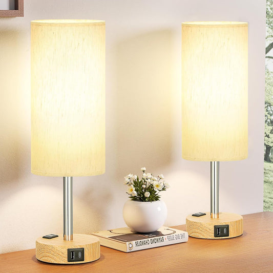 3-Way Dimmable Touch Table Lamps Set of 2 with USB Charging & Wood Grain Base
