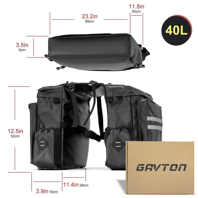 GAVTON 3-in-1 Waterproof Bike Pannier Bag Set 40L Detachable Bicycle Saddle Bag Backpack with Adjustable Shoulder Strap Heavy-Duty Polyester for Commuting Touring Cycling Accessories