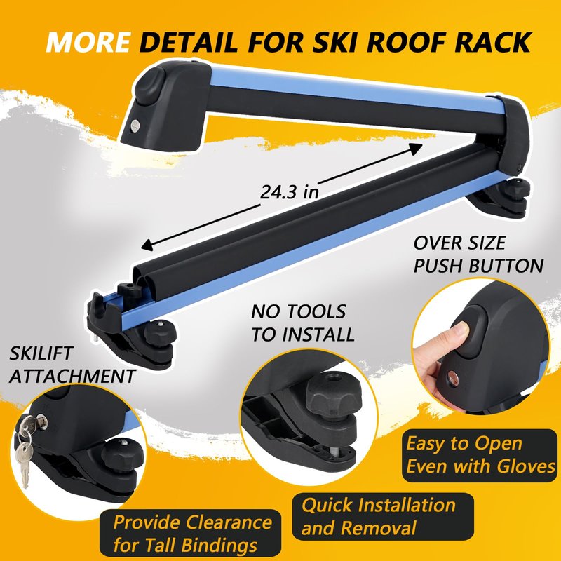 Ski and Snowboard Roof Racks, Ski Roof Racks with Anti-Theft Lock Racks Carrier for Snowboard Universal Ski Top Holder Fits for Square/Round/Aero/Oval Cross Bars, Blue