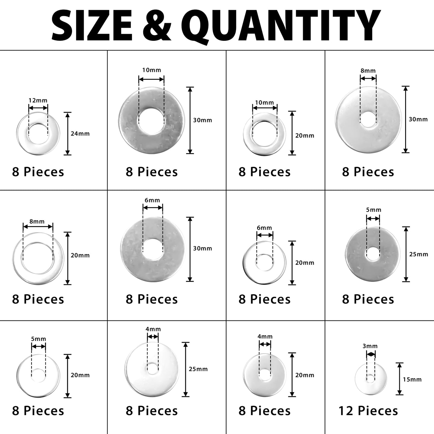 Fender Washers for Screws (100 Pcs) — 304 Stainless Steel Flat Washers Assortment Kit in Different Sizes (M3 M4 M5 M6 M8 M10 M12)—for Home & Industrial Usage