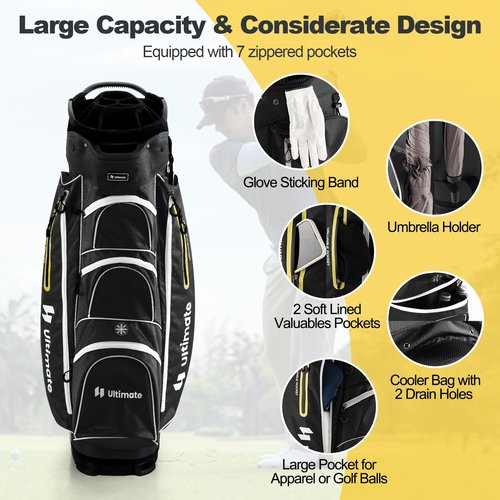GYMAX Golf Cart Bag, 15-Way Divider with 7 Pockets, Rain Hood, Umbrella Holder & Gloves Stickers, Unisex Adults Golf Clubs Bag (Black)