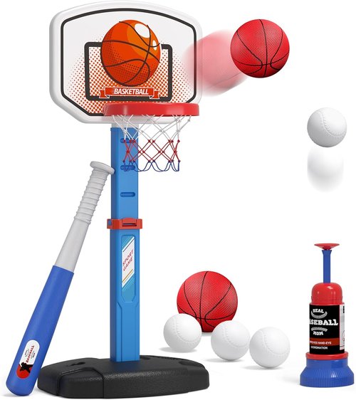 HYES Kids Basketball Hoop & T-Ball Set - Adjustable Height with Automatic Pitching Machine | Indoor/Outdoor Sports Toy for Ages 1-5, Blue