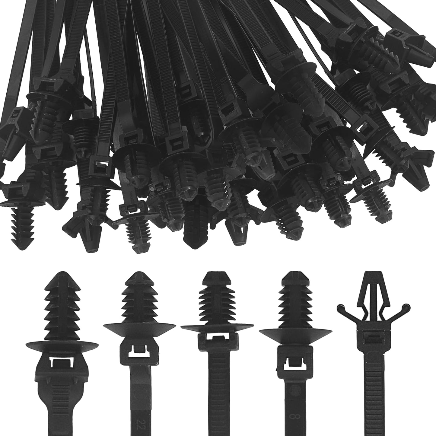 LOUZAGO 50 Pcs Push Mount Cable Ties, Nylon Push Mount Zip Ties Self Locking Wire Harness Clips, Heavy Duty Automotive Wire Clips Snap in Cable Zip Ties Fastener Car Mount Wire Ties (5-Types)