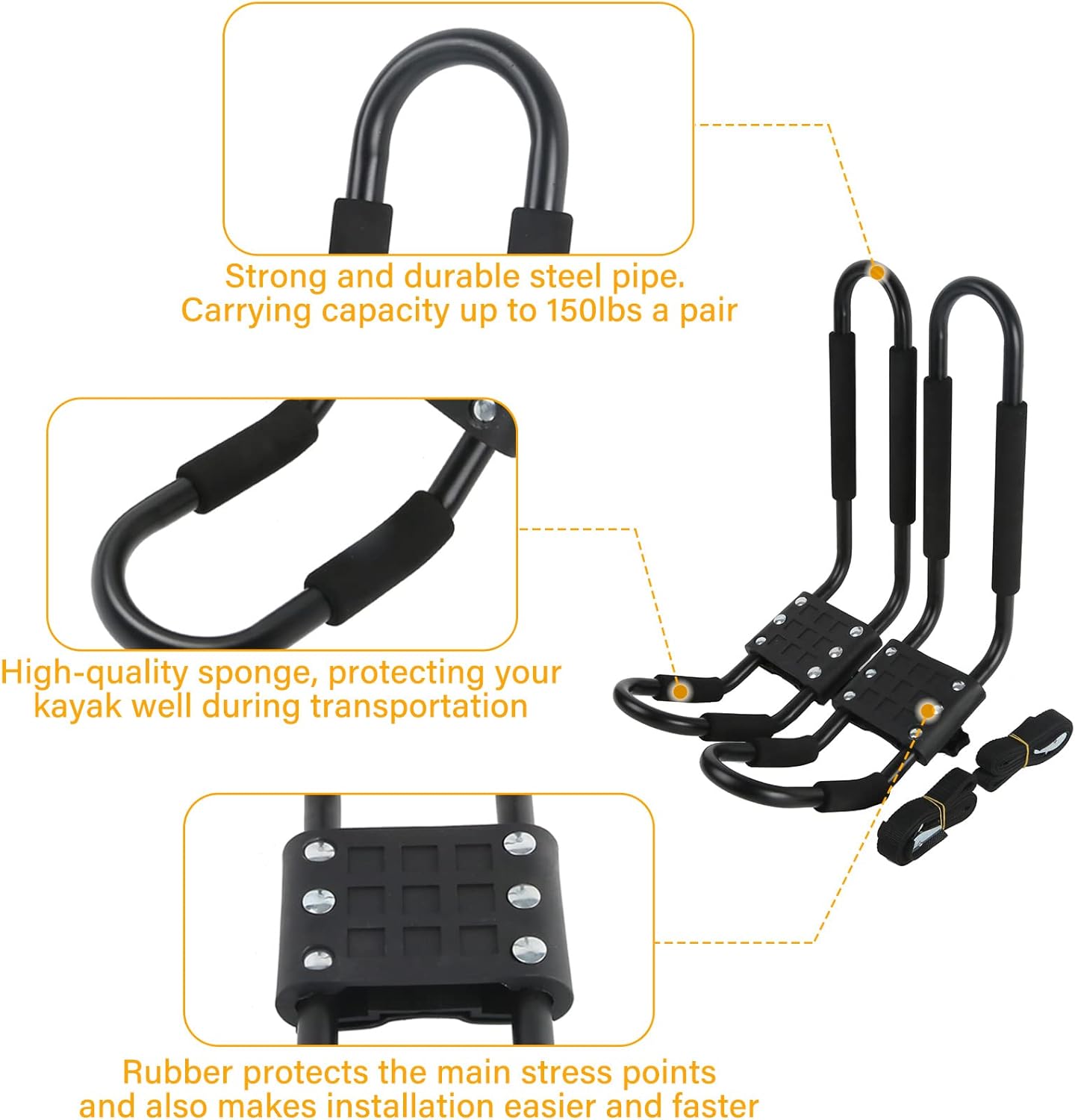 PIRIPARA Kayak Roof Rack - J-Bar Carrier Holder for Canoes & Surf Skis | Set of 2 Pairs for SUVs & Trucks