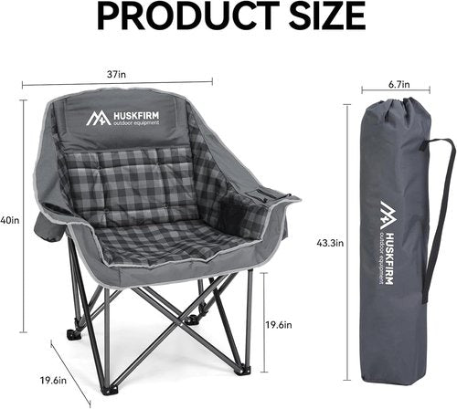 Huskfirm Oversized Padded Camping Chairs - Heavy-Duty Foldable Design with Cup Holder & Cooler Bag | Supports 450lbs, Grey