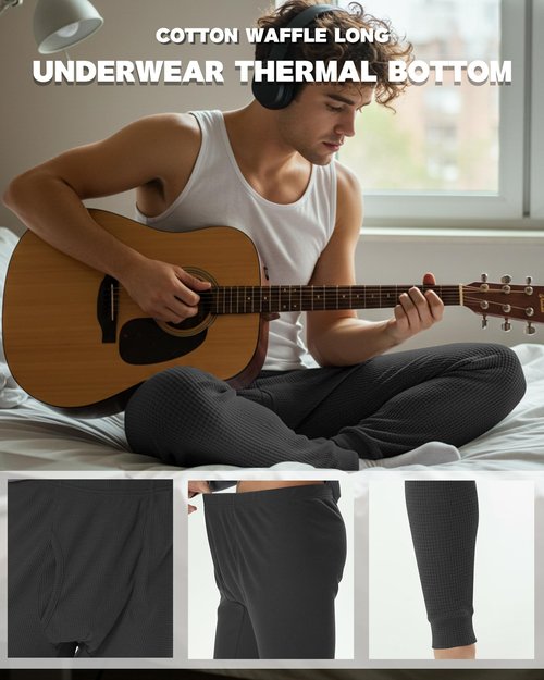 August Alley 3 Pack Men's Waffle Thermal Bottom Long Underwear Johns Soft Base Layer(Black, Dark Gray, Gray,Large)