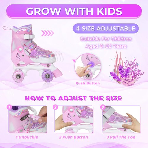 MammyGol Adjustable Kids Roller Skates for Girls or Boys, Underwater Landscapes Quad Skates with All Light Up Wheels for Indoor Outdoor Sports