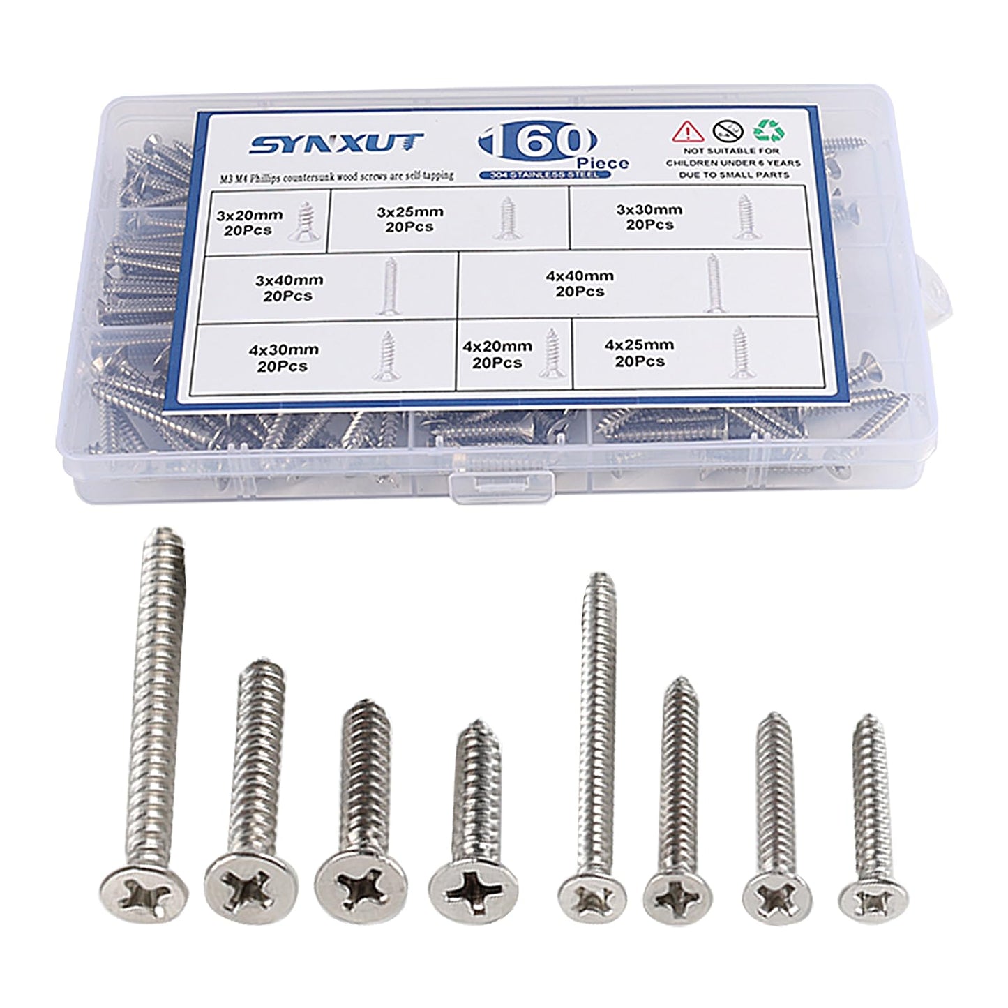 Synxut 304 Stainless Steel Wood Screws Assortment Kit,160 pcs, Phillips Drive Countersunk Head,Wood Screws,Screws,Drywall Screws,Sheet Metal Screws,Screws Set,8 Sizes M3/M4(20mm,25mm,30mm,40mm)