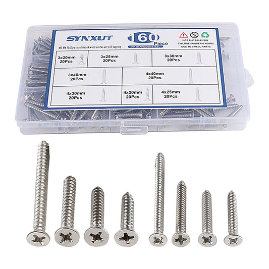 Synxut 304 Stainless Steel Wood Screws Assortment Kit,160 pcs, Phillips Drive Countersunk Head,Wood Screws,Screws,Drywall Screws,Sheet Metal Screws,Screws Set,8 Sizes M3/M4(20mm,25mm,30mm,40mm)