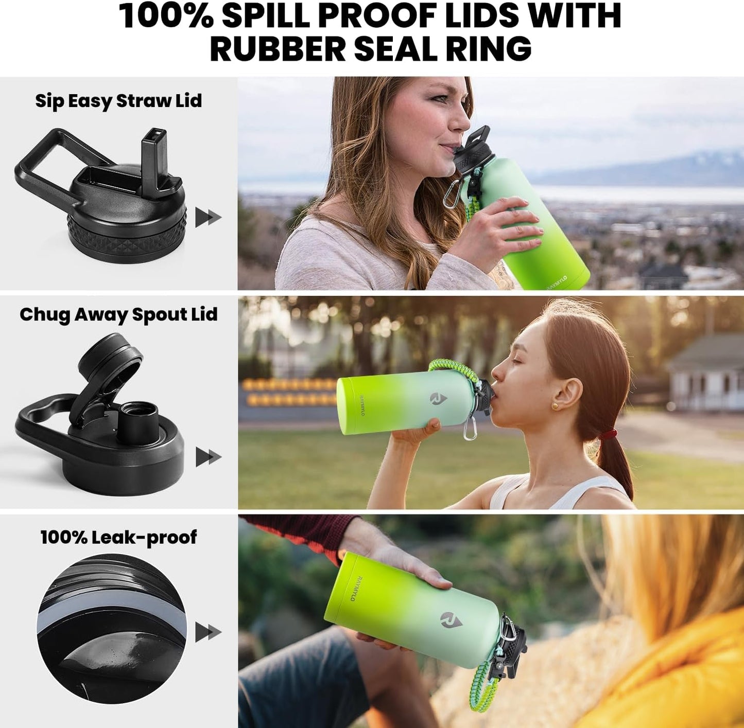 RAYMYLO Insulated Water Bottle - 87 oz Triple Wall Vacuum Stainless Steel | Cold for 48 Hrs, Leak Proof, Ombre Green