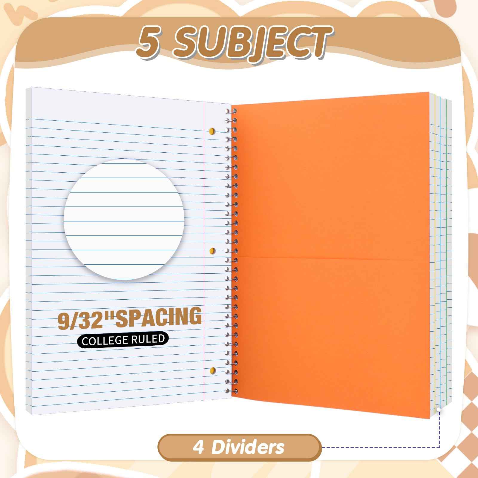 Fulmoon 10 Pcs 5 Subject Notebook Spiral Notebooks for School Office Hardcover Spiral Lined Notebook for Work, 240 Pages/ 120 Sheets, 8 x 10-1/2", 3 Hole Punched, 4 Removable Dividers (9/32 inch)