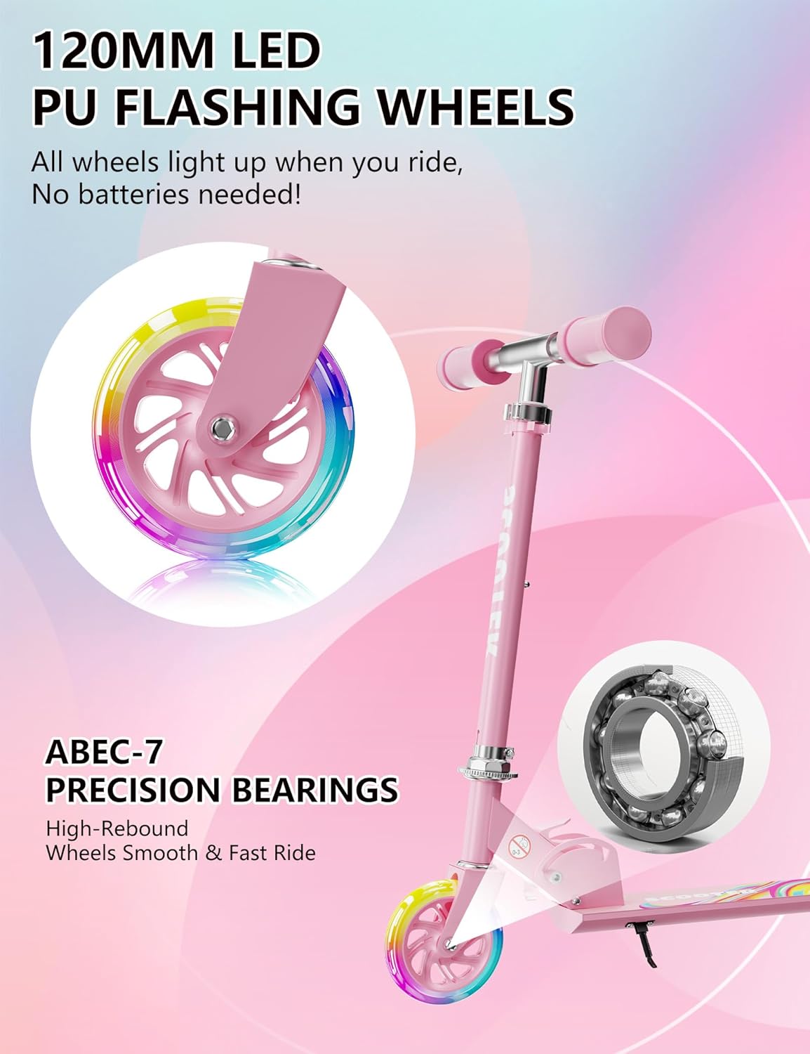 Skiennix Kids Kick Scooter - Adjustable 3-Level Height, Lightweight & Foldable - Pink LED Lights