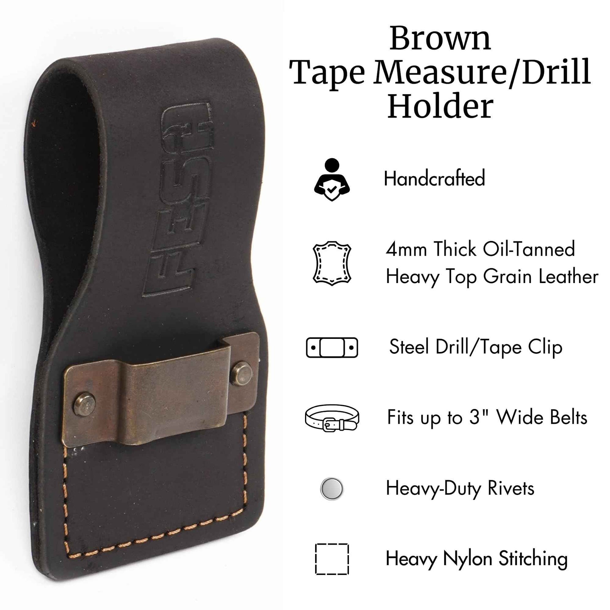 FESA Leather Tape Measure Holder - Top Grain Leather Measuring Tape Holder or Drill Holder for Tool Belt with Steel Clip & Reinforced Heavy Duty Rivets - Fits Belts up to 3" - Handcrafted (Brown)