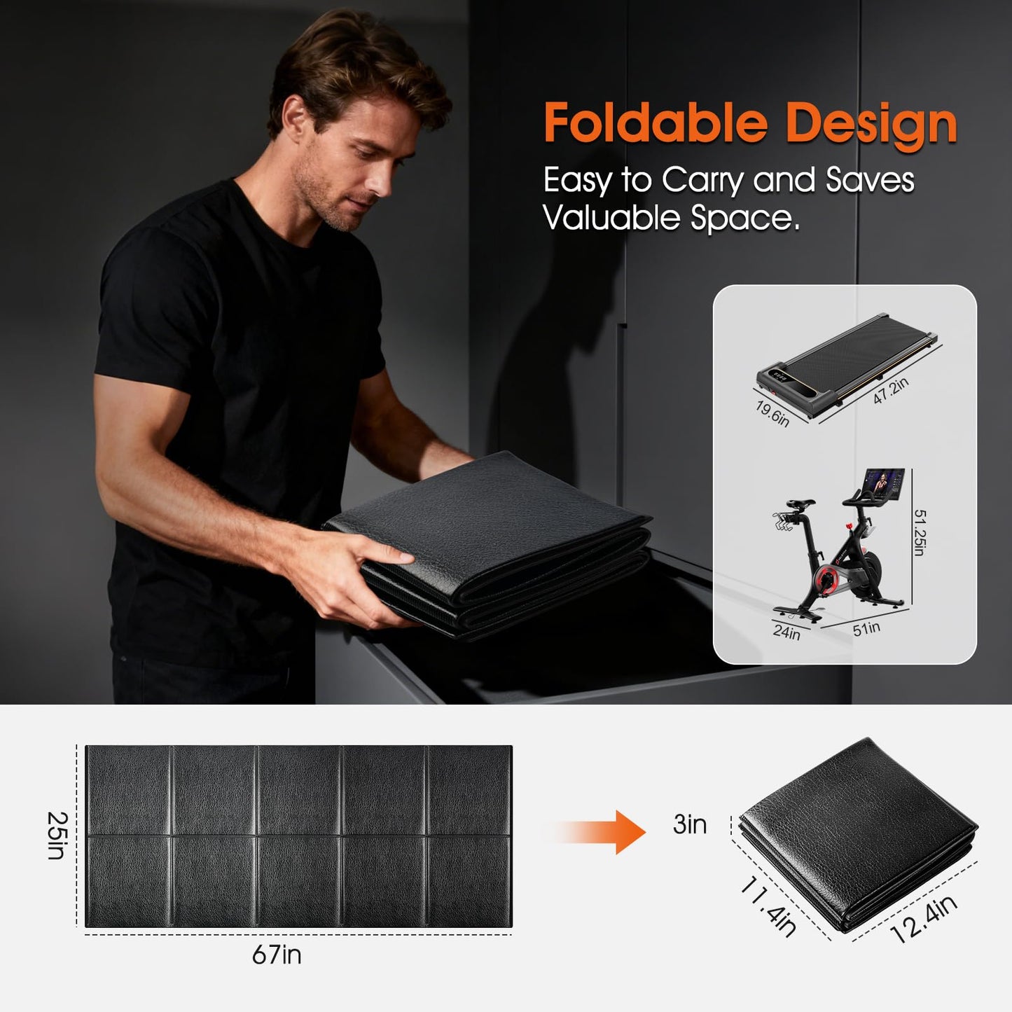 Tailor-Made Walking Pad Mat for Carpet Hardwood Floors, 6MM Thick Foldable Treadmill Mat Carpet,Waterproof,Ordorless,No Slip,Noise Reduce,Shocking Absorbing Rubber Foam Matt Equipment Floor Protector (67"L x 25"W x 0.24"Th)