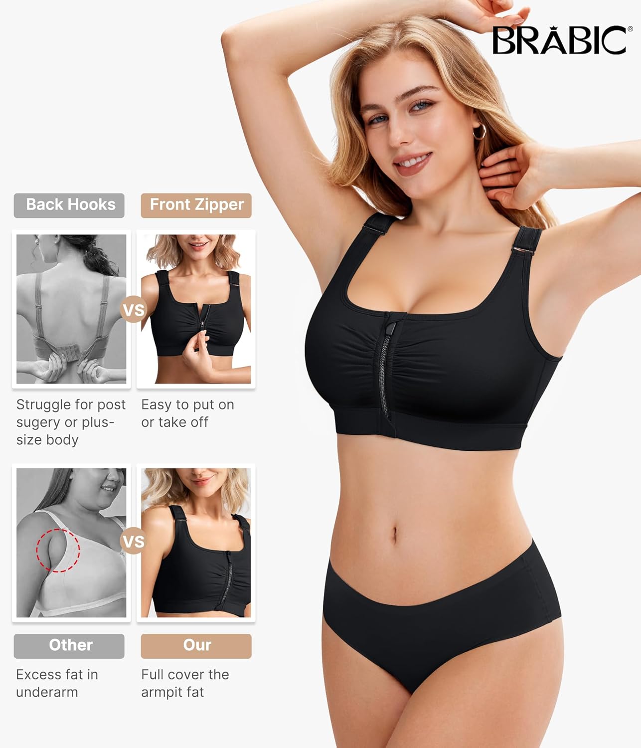 BRABIC Zip Front Closure Bras - Post-Surgery Compression Bra for Women | Full Coverage & Adjustable Straps