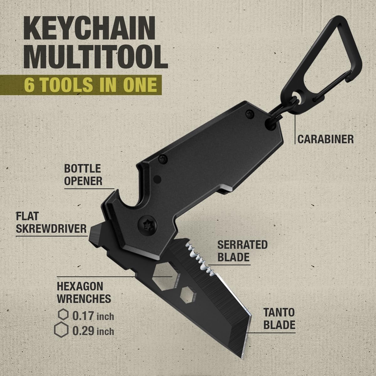 Mini Keychain Knife by [Brand Name] - 1.3” Tanto Serrated Blade | 6-in-1 Black Multitool with Carabiner