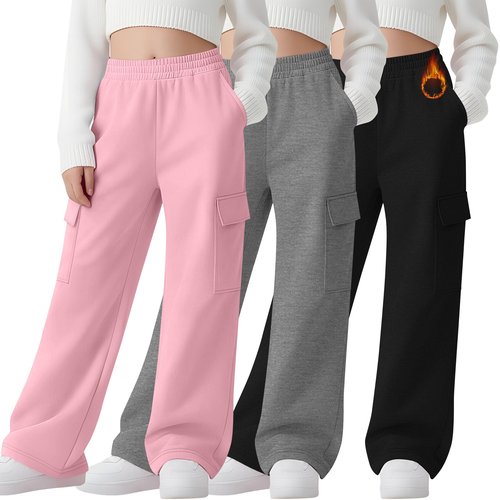 LessonZoo 3 Pack Girls Thermal Fleece Cargo Sweatpants 5-14y 4 Pockets Kid Warm Wide Leg High Waist Baggy Casual Pants Jogger(Pink, Heather Gray, Black,9-10 Years)