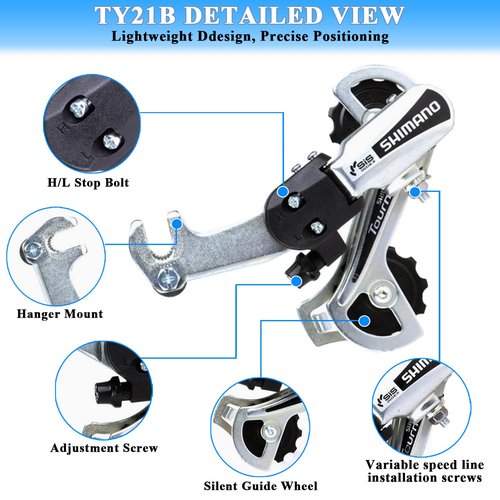 Silver Rear Derailleur RD-TY21B for 6/7 Speed Bike, Hanger Mount Compatible Mountain Bike, Kids Bike, Commuter and Cruiser Bicycle Replacement Part