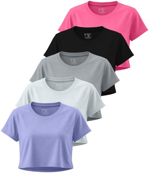 5 Pack: Women's Loose Fit Workout Crop Tops, Athletic Short Sleeve Gym T-Shirts Dry Fit Crew Neck Tees (Set 2, Small)