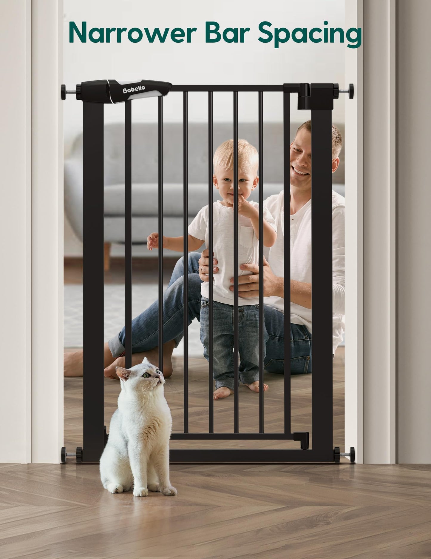 BABELIO 36" Tall Narrow Baby Gate, 26-28.5" Auto-Close Metal Pet Gate for Small Stairs/Doorways/Hallways, NO Drilling Pressure Mounted for Child and Pets, NO Extensions, Black