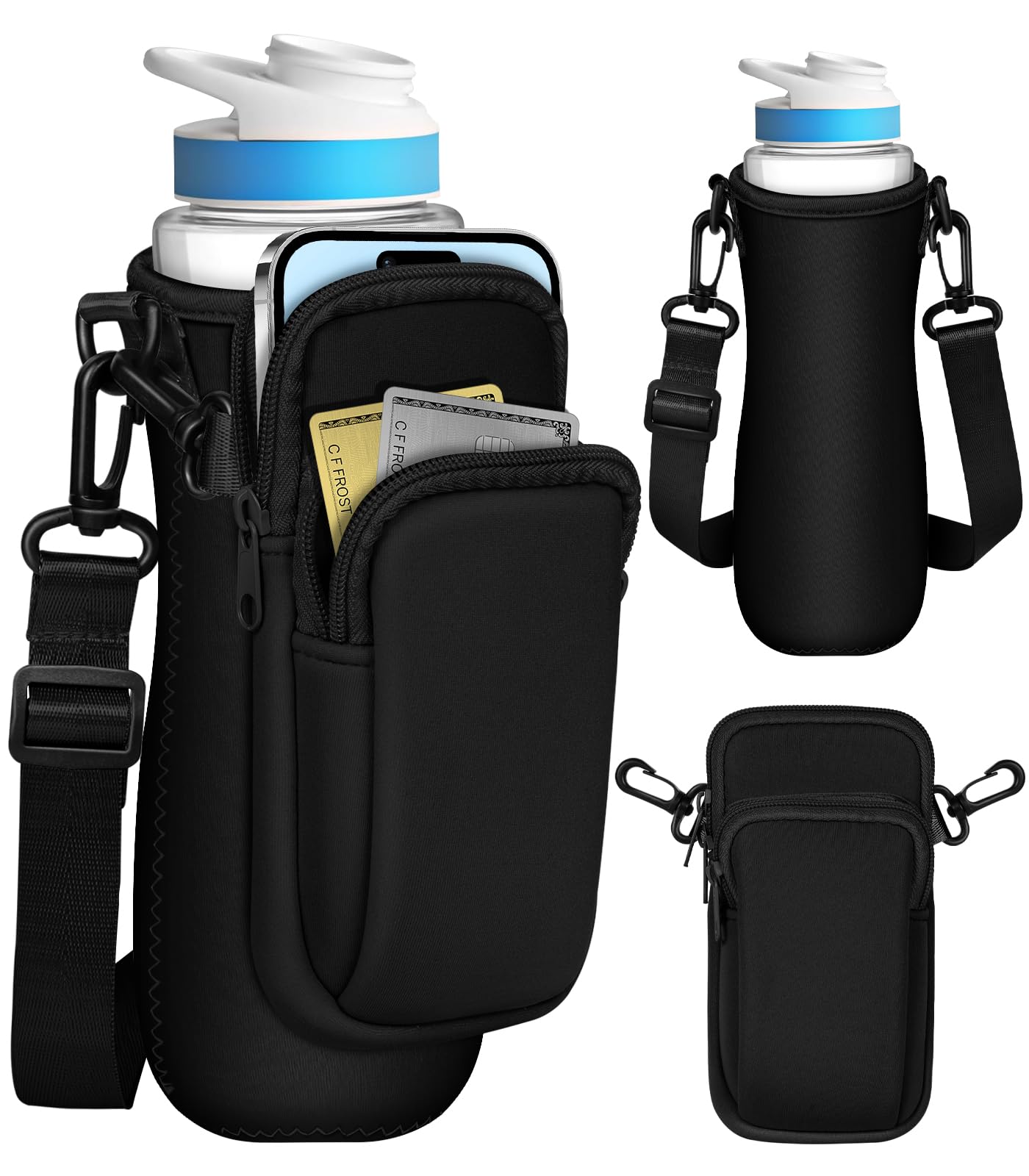 Toykee Water Bottle Sleeve with Pouch for Cirkul 22 oz - Black Crossbody Shoulder Strap Detachable Phone Purse with Bottles Cover Holder Carrier Bag